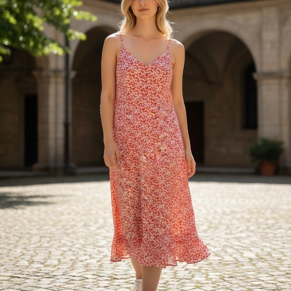 Lulus‎ Red Floral Daisy Ruffle Midi Dress Women Small Cottagecore Boho Romantic